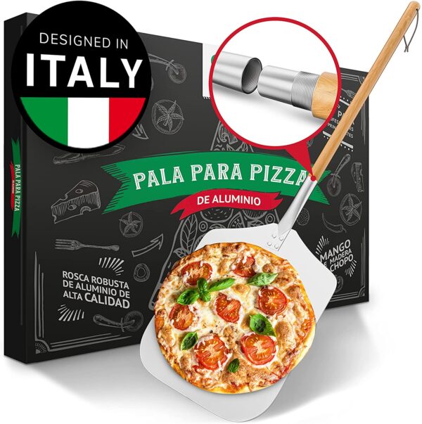 Pala de pizza Pizza Divertimento® - Pala para pizza de aluminio inoxidable [83 cm] - Rosca práctica y sólida - pala para pizza de bordes redondeados