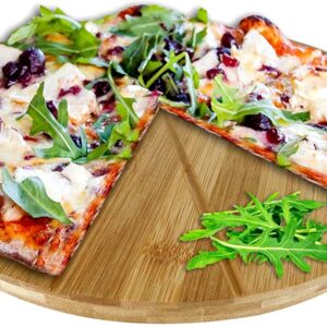 Oriamo® plato de pizza de bambú de 33 cm de diámetro, tabla de cortar de madera, tabla de pizza resistente a los cortes con división en 6 para piezas de tamaño uniforme, plato de madera para pizza